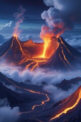Erupting Volcano with Lava Flow and Fiery Sky