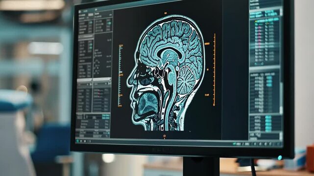 A human brain MRI scan is shown on a computer monitor in a medical facility, highlighting various brain structures during an ongoing research study.