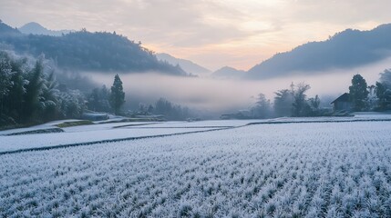 Winter rice fields covered in frost, with mist rising over distant hills