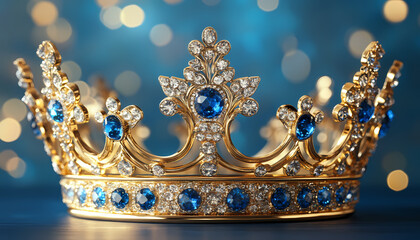 Fototapeta premium Golden Crown with Blue Gems