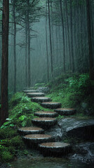Misty Forest with Stone Steps