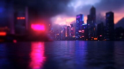 Fototapeta premium Neon Cityscape Nightscape: Cyberpunk Metropolis by the Water