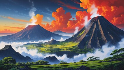 Erupting Volcano with Lava Flow and Fiery Sky