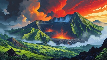 Erupting Volcano with Lava Flow and Fiery Sky