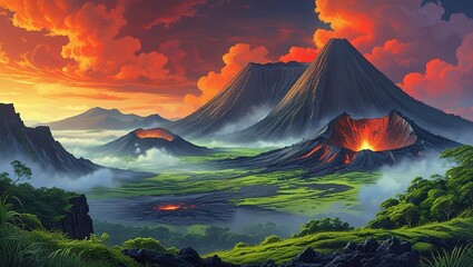 Erupting Volcano with Lava Flow and Fiery Sky