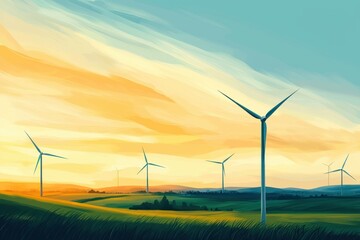 Serene Sunset Landscape with Wind Turbines Generating Clean Energy