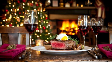 Elegant Dinner Setting with Gourmet Steak and Red Wine in a Cozy Holiday Atmosphere