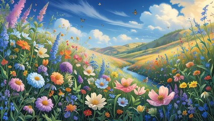 Colorful Floral Landscape with Butterflies in a Spring Meadow