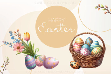 Easter nest with eggs and spring twigs, gentle vintage composition.