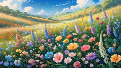 Colorful Floral Landscape with Butterflies in a Spring Meadow