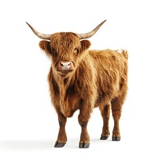 Highland Cow Standing Proudly on a White Background with a Furry Brown Coat and Prominent Horns