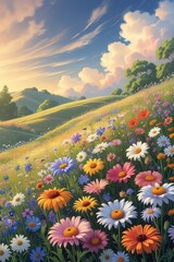 Vibrant Flower Field Under a Bright Sky with Butterflies