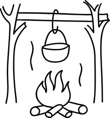 Obraz premium cozy campfire scene with pot hanging over flames, surrounded by logs and trees, evokes warmth and adventure