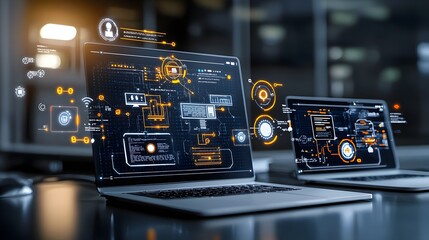 A futuristic digital depicting an AI powered cybersecurity system monitoring and protecting multiple interconnected devices and networks from digital threats