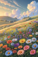 Vibrant Flower Field Under a Bright Sky with Butterflies