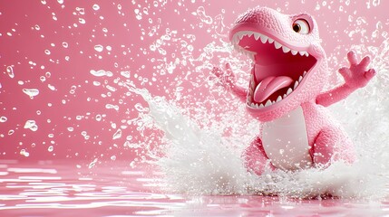 Naklejka premium Playful Pink Dinosaur Toy Splashing Water in a Bright Playful Scene