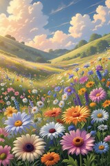 Vibrant Flower Field Under a Bright Sky with Butterflies