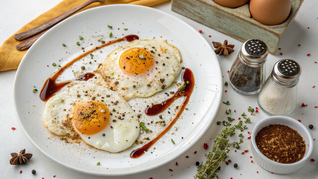 Fried eggs, on a white plate, with sauce