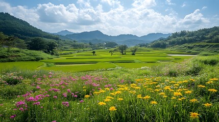 Fototapeta premium A spring rice field with blooming flowers around the paddies, adding pops of color