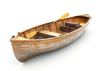 Wooden rowboat with oars and storage boxes, perfect for leisurely outings on calm waters, showcasing craftsmanship and design, boating lifestyle concept