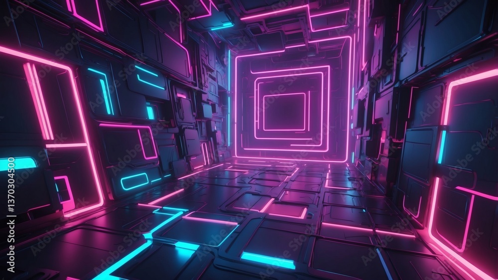 Poster a futuristic hallway bathed in neon light, a mesmerizing digital artwork of geometric shapes creatin