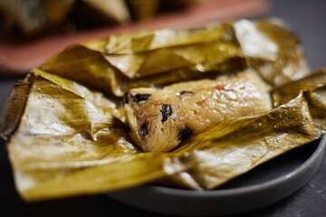 Close up sticky rice with banana, Thai dessert