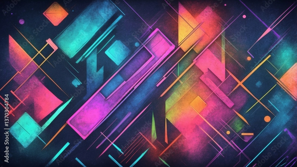 Poster geometric lines and shapes forming a vibrant, abstract artwork. A modern design with colorful blocks and lines on a dark background. The image has a digitized appearance with an artistic vibe