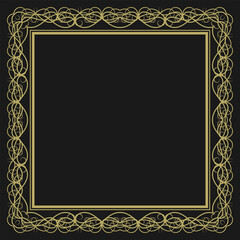 Golden square vintage frame on black background. Graceful arabesques and border. Version 18. Vector illustration
