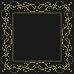 Golden square vintage frame on black background. Graceful arabesques and border. Version 13. Vector illustration