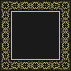 Golden square vintage frame on black background. Graceful arabesques and border. Version 20. Vector illustration