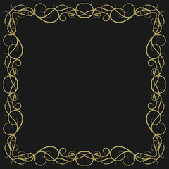 Golden square vintage frame on black background. Graceful arabesques and border. Version 12. Vector illustration