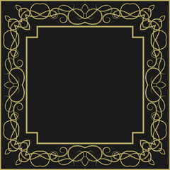 Golden square vintage frame on black background. Graceful arabesques and border. Version 14. Vector illustration