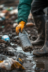 Obraz premium Close up of an arm in yellow rubber glove collecting plastic from the muddy shore