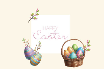 Happy Easter card with birds and eggs – watercolor vector