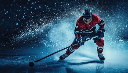 Hockey Player In Action On Ice With Water Splashes