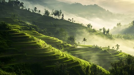 A foggy rice terrace landscape in the early morning, with soft diffused light