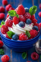 Berry Yogurt Parfait on Blue Bowl