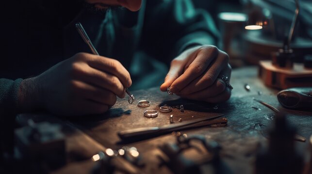 Skilled artisan meticulously crafting rings in a workshop