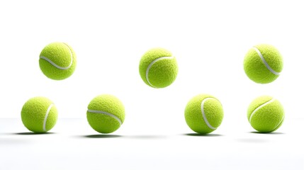Six green tennis balls captured mid air as they bounce and leap against a clean white backdrop with soft shadows