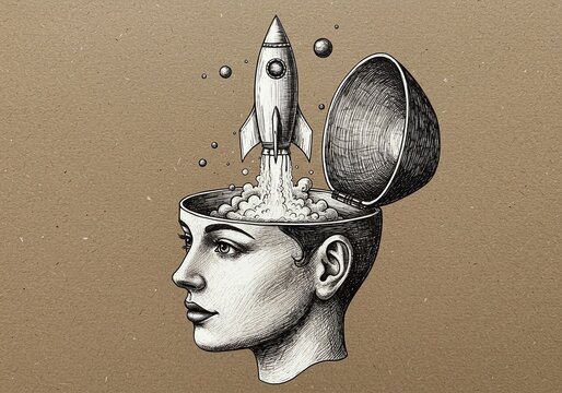 Mind Launch: A rocket blasts off from an open head, symbolizing innovation, creativity, and the power of ideas and imagination.