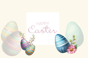 Smiling bunny sitting near Easter egg and spring bouquet