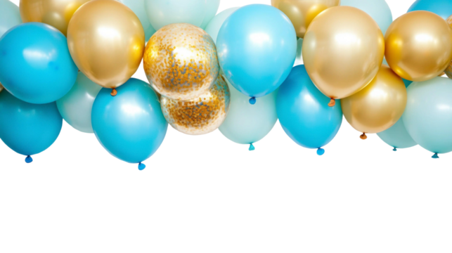 Colorful Balloons in Blue, Gold, and Aqua for Celebratory Events and Decorations with Bright and Shiny Appearance against a White Background