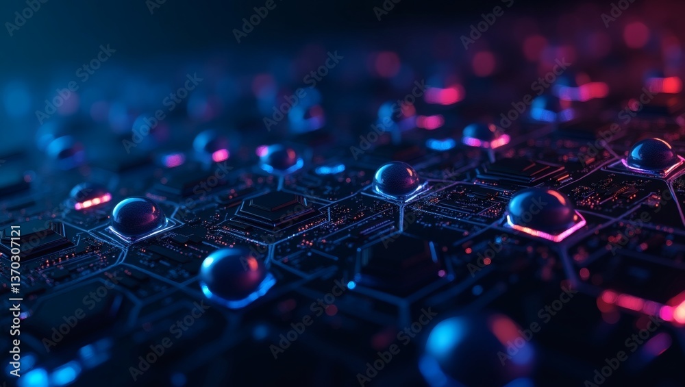 Poster a futuristic digital network of glowing spheres and intricate hexagonal structures, showcasing interconnectedness and technology