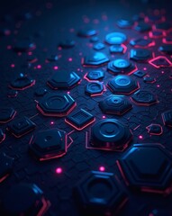 A close-up view of a network of interconnected hexagonal shapes in a technological environment. The design creates a futuristic and high-tech atmosphere
