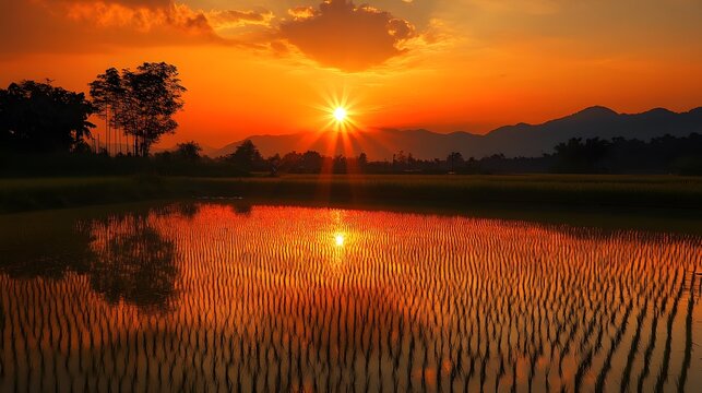 A vivid orange sunset casting long shadows over a rippling rice paddy