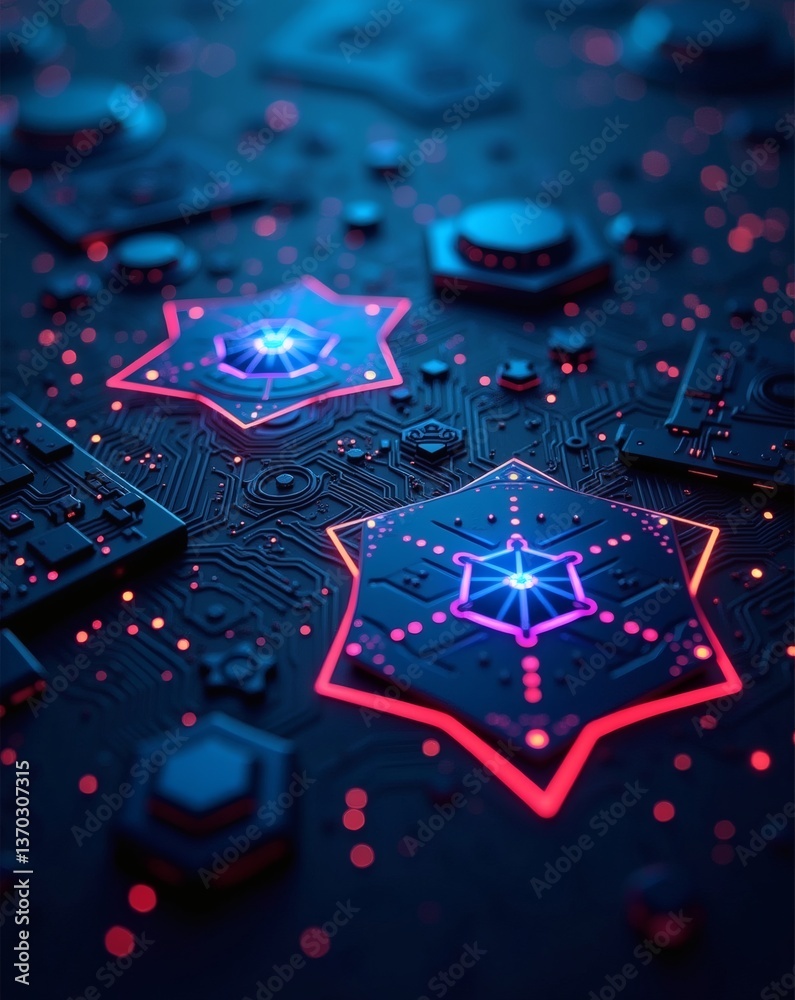Poster a high-tech abstract with illuminated circuit board components, featuring star-shaped elements with a glow effect