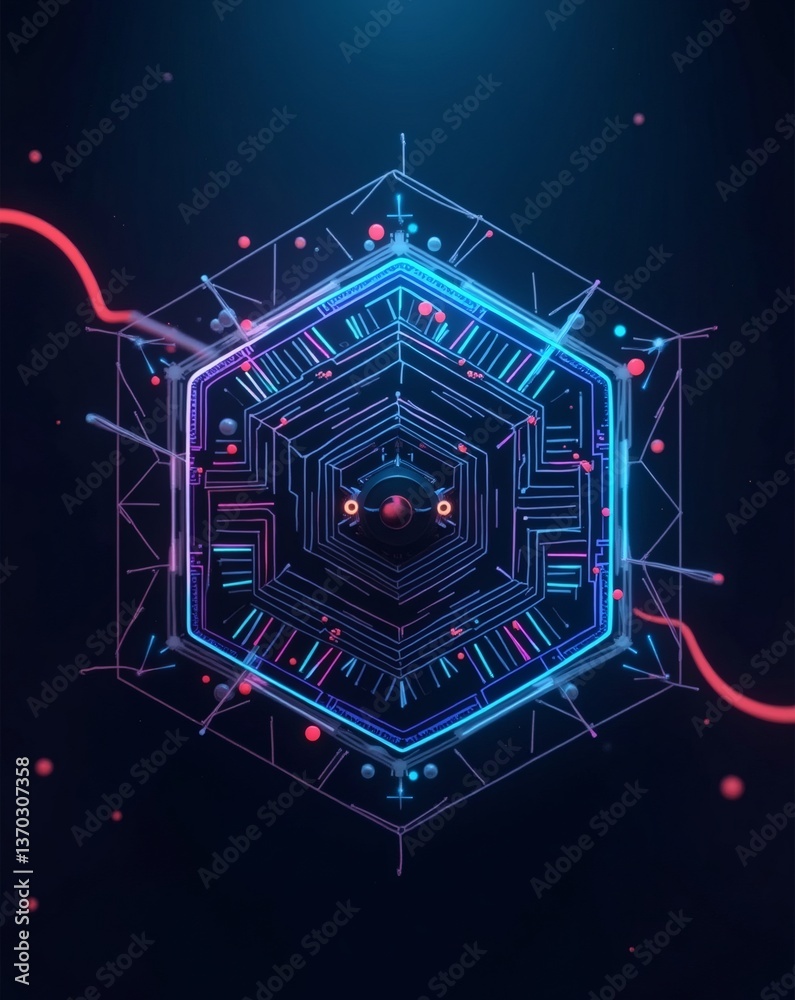 Poster a captivating digital circuit design, showcasing intricate lines and vibrant neon colors. this image