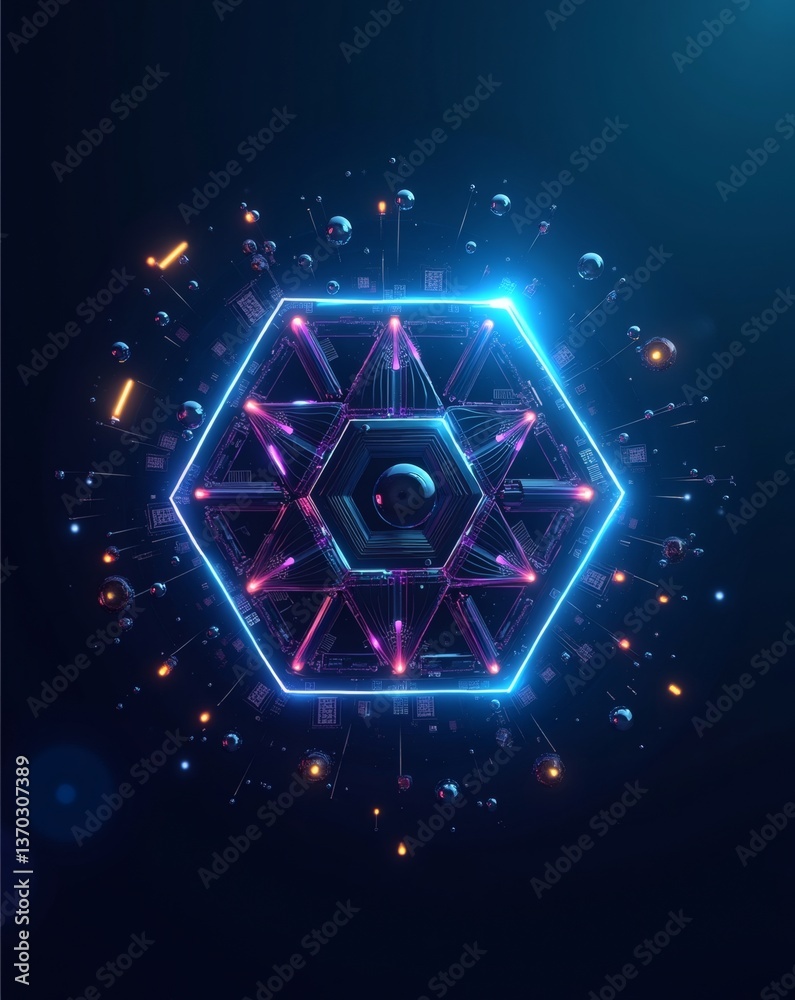 Aufkleber abstract geometric shape composed of interconnected lines and shapes, displaying vibrant neon colors and dynamic illumination effects, perfect for showcasing modern art and design