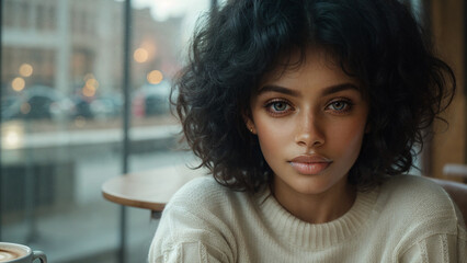 A fashionable young woman with curly hair is in a cozy caf&eacute;. The illustration suits cover art, posters, presentations, and banners. It has a calm, cinematic atmosphere with emotional depth.
