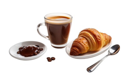 A cup of freshly brewed coffee with a spoon and a small plate with a croissant Isolated On PNG Transparent and White Background 